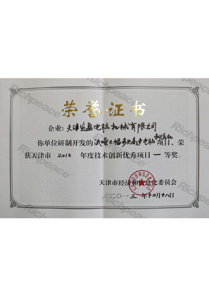 技術(shù)創(chuàng)新優(yōu)秀項目一等獎（低噪大幅多頭高速電腦刺繡機）